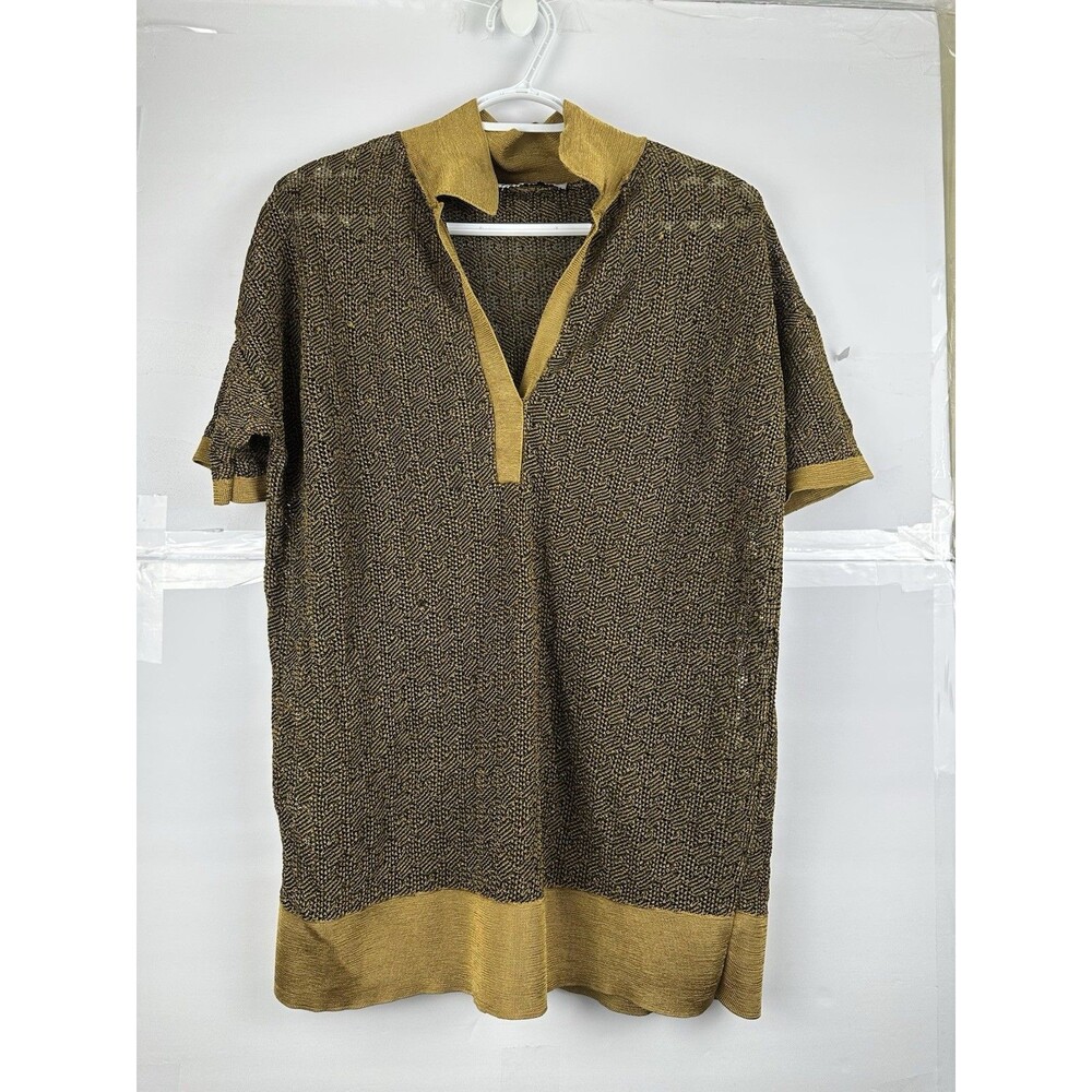 Zara Metallic Gold Black Knit Top Women's Size L Short Sleeve V-Neck